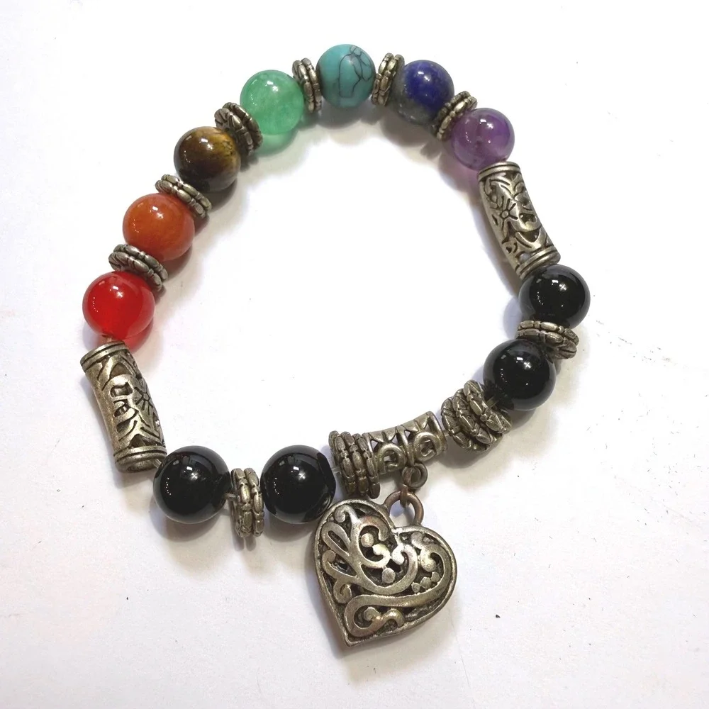 Chakra Bead Stretch Bracelet Silver Heart Charm Natural Stone Healing Jewelry
